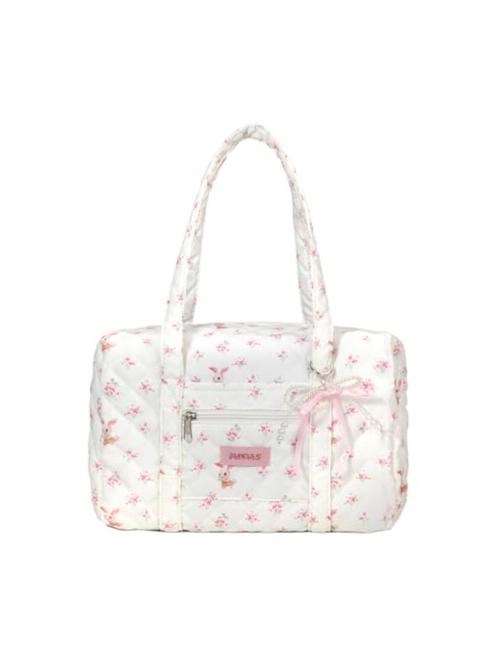 Quilted Nylon Travel Duffel Bag Coquette Bunny Floral Tote for Women Girls